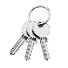 Three modern silver metal keys with detailed bitting on a polished keyring, isolated on a transparent background, neatly arranged for precision and security concept