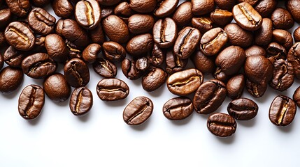 Fototapeta premium A close up view of many roasted coffee beans scattered on white surface