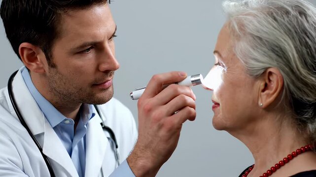 Doctor Wearing White Coat And Stethoscope Examines Senior Woman Using Penlight In A Medical Setting With Light Background