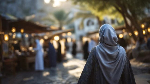 206Muslim woman in niqab walking in busy marketplace street, blurred shoppers and vendor stalls behind, warm sunlight casting long shadows