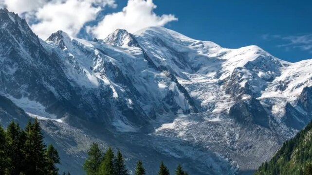 A breathtaking panoramic view showcases towering snow-capped mountain peaks, rugged rock formations, and expansive glaciers under a vibrant blue sky dotted with soft white clouds. Lush green evergreen