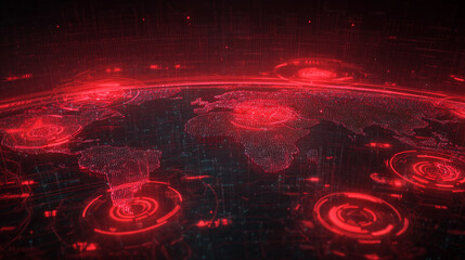 AI-generated image - Futuristic red digital world map showing global cyber attack and data breach visualization.