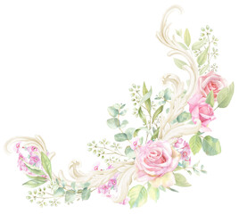 Rococo Watercolor Pink Rose Border, floral frame PNG, hand-painted Bouquet 