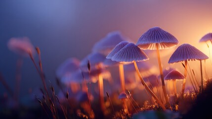 Illuminated mushrooms glow in a soft, diffused, magical, almost ethereal light