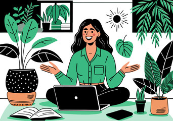 Happy Woman on Laptop in Green Home Office with Plants