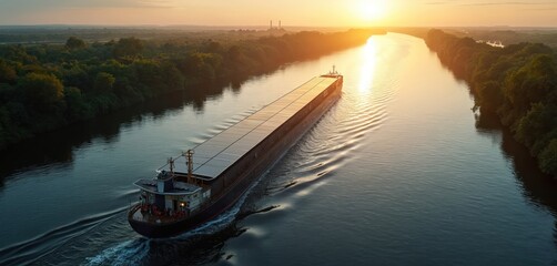 Long cargo ship with many solar panels on deck navigates wide, calm river. Green forests line river banks. Golden sunset light reflects on water surface. Represents sustainable water transport tech