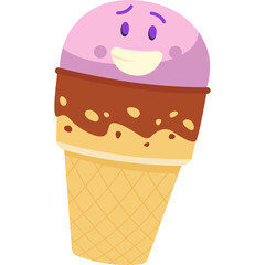 Cute Pink And Brown Ice Cream Cone With A Happy Face In A Waffle Cone On A Transparent Background