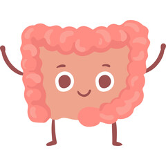 Cute Pink Intestines Character With A Smiling Face And Raised Arms On A White Background