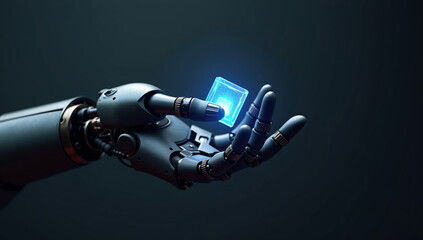 Sovremennyy 3D-render robotizirovannoy ruki, akkuratno derzhashchey svetyashchiyusya mikroskhemu / plastinu Krupnyy plan futuristicheskoy VR-garnitury so svetovymi luchami, vykhodyashchimi iz linz, te