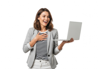 Young woman in a grey blazer holding a laptop laughing, isolated on transparent background