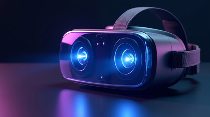 A close-up of a futuristic VR headset with light beams emanating from the lenses.