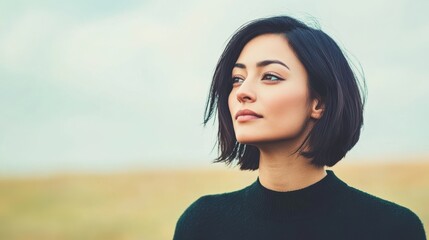 Woman with short hair gazing thoughtfully at the horizon in a serene outdoor setting during daylight