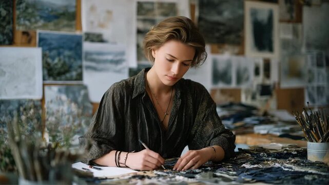 230Fashion designer arranging fabrics on her worktable, scissors and sewing pins scattered nearby, studio walls adorned with sketches and inspiration boards
