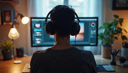 Person wears headphones works on computer editing photos at desk in cozy home office. Evening mood, monitor screen shows editing software interface, plants, lamp.