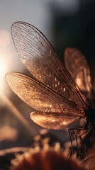Insect with translucent wings catching the sunlight, nature photography, sharp focus