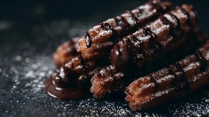 Close up of freshly fried churros drizzled with chocolate and dusted with sugar