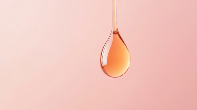 Golden droplet of oil suspended in mid-air against a soft pink background in serene lighting