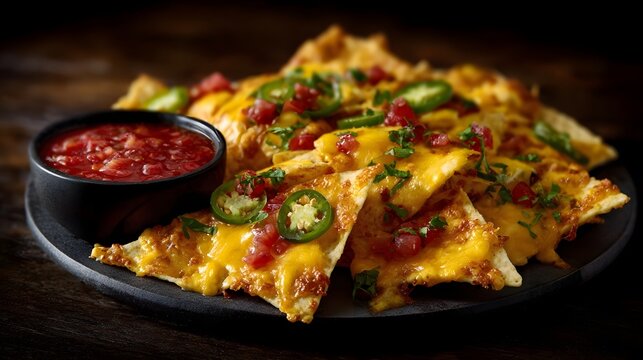 Delicious cheesy nachos piled high with melted cheese jalapenos and salsa served on a dark platter