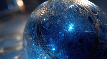 Intricate blue glass sphere closeup