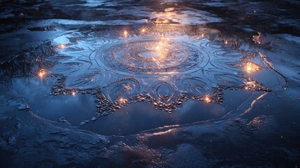 Intricate, glowing mandala in a frozen puddle