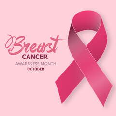 Realistic pink breast cancer ribbon vector illustration with a circle. Breast cancer awareness symbol. 3D design template with wording and a shaded glitter ribbon for an awareness month campaign banne