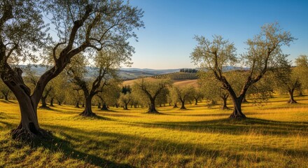 Obraz premium Olive trees in a sunny landscape during golden hour in the Italian countryside