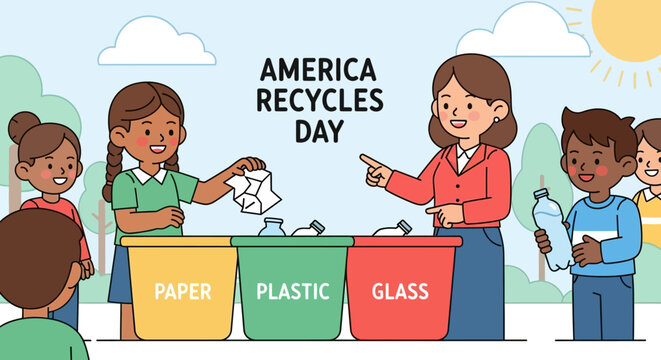 America Recycles Day Children and Teacher Sorting Waste, Promoting Environmental Responsibility