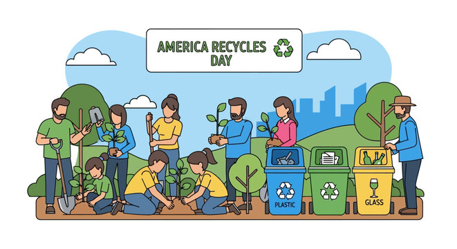 Community planting trees and recycling for America Recycles Day, promoting environmental sustainability and a greener future