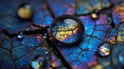 Iridescent leaf with water droplets closeup