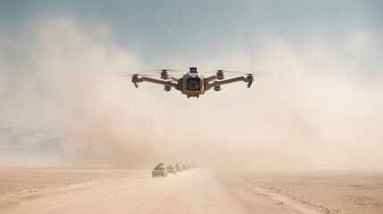realistic image of a tactical drone flying low above armored vehicle convoy in desert