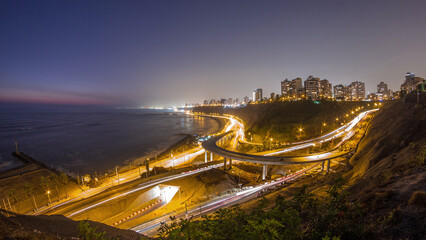 Aerial view of Lima's Coastline in the neighborhood of Miraflores day to night timelapse, Lima, Peru
