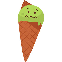 Melting Green Ice Cream Cone With Worried Face Isolated On White Background