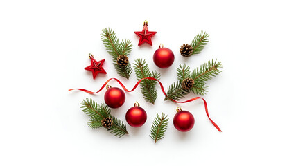 Christmas tree branches with red baubles and star ornaments, isolated on white background