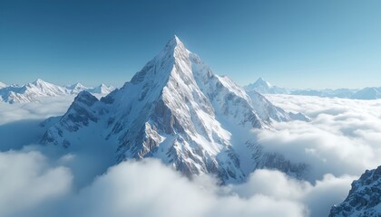 Fototapeta premium Majestic snow-capped mountain peak emerges from clouds under clear blue sky. Vast winter landscape stretches with white summits. High altitude panorama invites exploration.