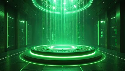 Futuristic green platform indoors displays digital streams. Neon lights glow on tech stage with abstract data flow and circuit patterns. Modern sci-fi concept for metaverse.