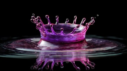 Captivating purple water splash in a crown shape against a black backdrop macro shot with reflection and movement