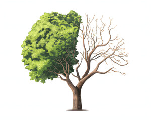 Stunning tree showcasing the contrast between vibrant life and stark dormancy, a powerful symbol of change and resilience in nature's cycle