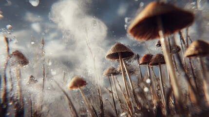 Low angle of field mushrooms with raindrops, ethereal foggy sky background