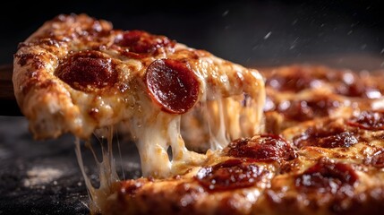 A close up of a pepperoni pizza slice being lifted with a dramatic stretch of melted cheese