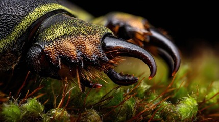 Macro close-up of insect mandibles, sitting on green moss, dark background, sharp