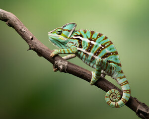 Stunning chameleon resting on branch with vibrant turquoise and brown patterns, a natural beauty shot perfect for educational or conservation projects