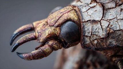 Macro photo of golden-toned insect head with textured surface and large compound eyes