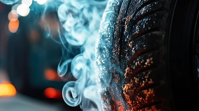 Close-up of a smoking tire with blurred background and bokeh lights.