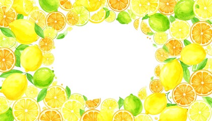 An oval frame of vibrant citrus fruits, including lemons, limes, and oranges, arranged with green leaves against a clean white backdrop