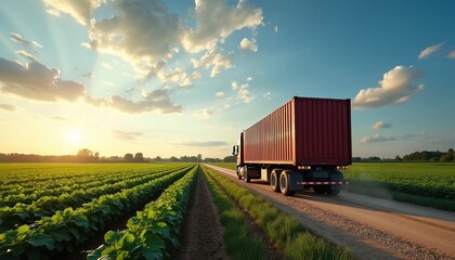 Fototapeta premium Big truck transports red container on rural dirt road. Green agricultural fields stretch to horizon under golden sunset sky. Farm produce delivery, global food supply chain, transport logistic