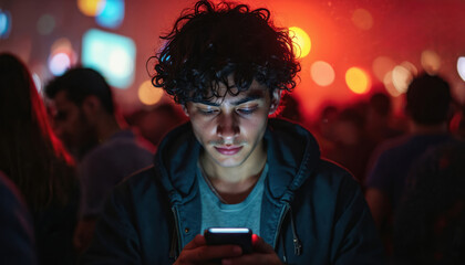 Young man intently uses smartphone in dark, vibrant club. Blue screen light strongly illuminates face. Deeply focused on mobile device, ignoring surrounding crowd. Visual captures digital addiction,