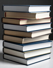 Close-up view of stacked contemporary books in a neat pile against a solid background