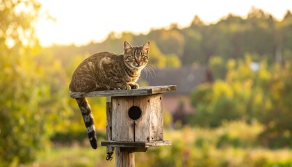 An outdoor scene captures a cat perched on a wooden birdhouse, backlit by a warm, golden sunset. The scene is lush with green trees