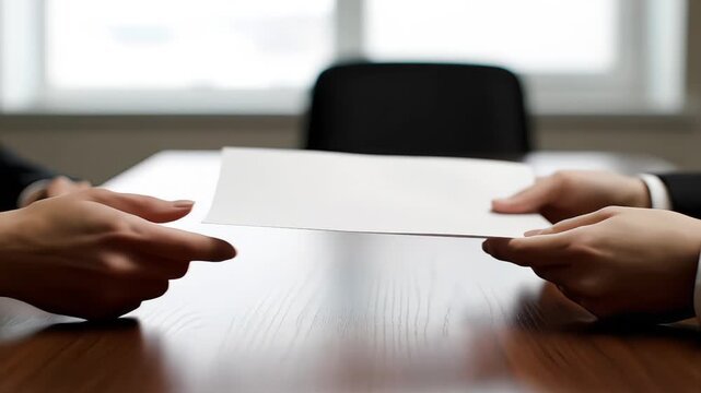 Two professionals in formal attire exchange a white document across a wooden table.