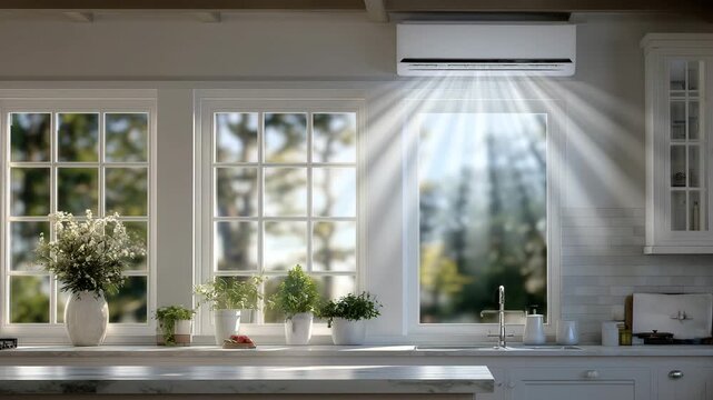 278Contemporary AC unit in a bright kitchen, cool air dispersing gently over countertops, large windows with sunlight highlighting the efficiency of modern design